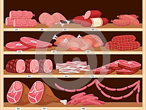 Meat on shelves. Fresh sausages, vector pork ham and assorted raw beef meat in butchers shop