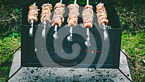 Meat skewer with onion on the skewers on the grill at the stake