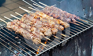 Meat skewers on grill