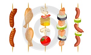 Meat Slabs and Sliced Vegetables on Skewers or Wooden Sticks Cooked on Grill Vector Set