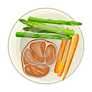 Meat Slice and Vegetables Rested on Plate Above View Vector Illustration