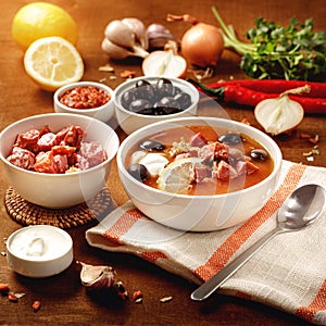 Meat Solyanka soup on with ingridients, sausage, olive,lemon, parsley, garlic, yogurt. Ukrainian food. Wooden background
