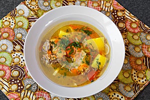Meat soup with noodles and vegetables in a plate