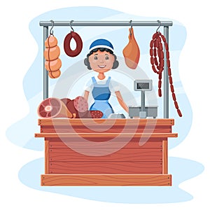 Meat stall, a saleswoman behind a counter made of wooden boards sells sausages, meat and delicacies