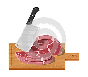 Cutting board, butcher cleaver and piace of meat. photo