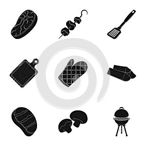 Meat, steak, firewood, grill, table and other accessories for barbecue.BBQ set collection icons in black style vector