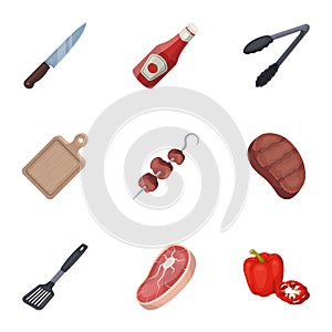 Meat, steak, firewood, grill, table and other accessories for barbecue.BBQ set collection icons in cartoon style vector