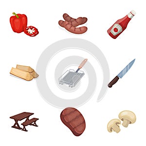 Meat, steak, firewood, grill, table and other accessories for barbecue.BBQ set collection icons in cartoon style vector