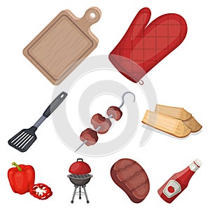 Meat, steak, firewood, grill, table and other accessories for barbecue.BBQ set collection icons in cartoon style vector