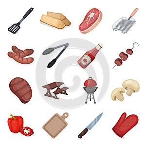 Meat, steak, firewood, grill, table and other accessories for barbecue.BBQ set collection icons in cartoon style vector