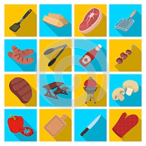 Meat, steak, firewood, grill, table and other accessories for barbecue.BBQ set collection icons in flat style vector