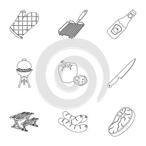 Meat, steak, firewood, grill, table and other accessories for barbecue.BBQ set collection icons in outline style vector