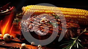 Meat steak and grilled corn. BBQ party in the backyard.
