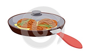 Meat steak in pan, cooked hot round pieces of beef fillet with sauce and rosemary