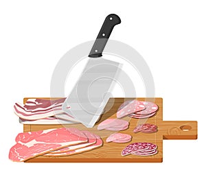 Cutting board, butcher cleaver and piace of meat. photo