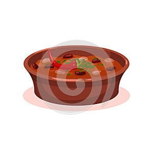Meat stew with bean in a bowl, Bulgarian cuisine national food dish vector Illustration on a white background