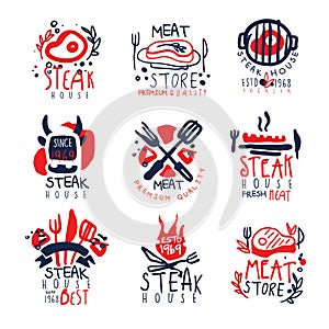 Meat store, steak house premium quality logo template set, colorful hand drawn vector Illustrations
