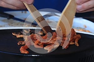 Meat on a table top grill, Dutch Gourmetten