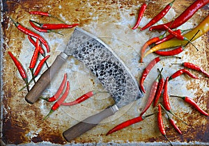 Meat tools, Metal handmade props on a textured background, Kitchen untensils