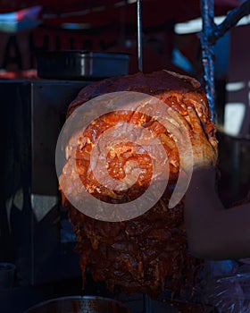 Meat trompo for tacos al pastor. Mexican street food.