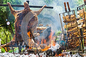 Meat and vegetable exhibition on a barbecue known as Parrilla. Typical barbecue from the south of Latin America photo