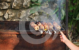 Meat And Vegetable Kebabs On The Hot BBQ Grill. Flaming Charcoal In The Background. Snack For Outdoor Summer Barbeque Party.