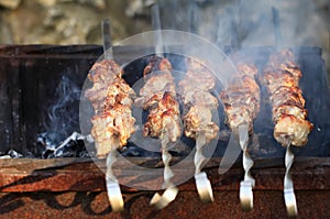 Meat And Vegetable Kebabs On The Hot BBQ Grill. Flaming Charcoal In The Background. Snack For Outdoor Summer Barbeque Party.