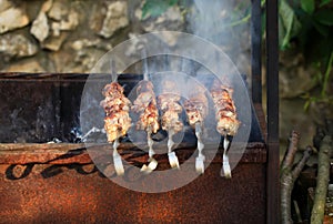 Meat And Vegetable Kebabs On The Hot BBQ Grill. Flaming Charcoal In The Background. Snack For Outdoor Summer Barbeque Party.