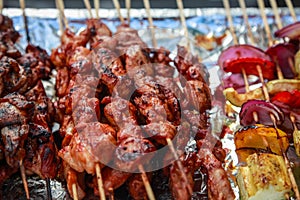 Meat and vegetable kebabs on wooden skewers