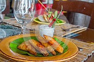 Meat and vegetable samosas in a small restaurant