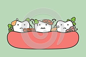 Meat and vegetable stuck in teeth, cause of decay tooth and bad breath