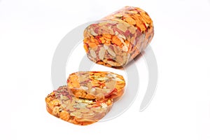 Meat and vegetables aspic, isolated. Poultry meat and veggies jelly product, packshot photo for package design.