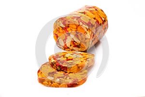 Meat and vegetables aspic, isolated. Poultry meat and veggies jelly product, packshot photo for package design.