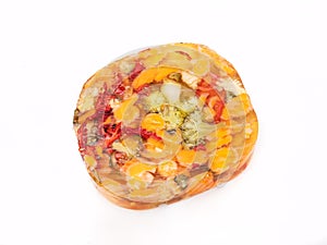 Meat and vegetables aspic, isolated. Poultry meat and veggies jelly product, sliced, packshot photo for package design.