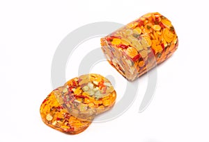 Meat and vegetables aspic, isolated. Poultry meat and veggies jelly product, top view, packshot photo for package design