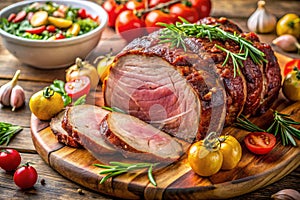 Meat and vegetables. Closeup of delicious whole baked sliced meat photo