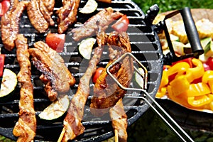 Meat and vegetables during grilling