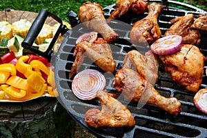 Meat and vegetables during grilling