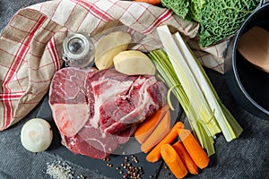 Meat and vegetables for preparation of french pot au feu