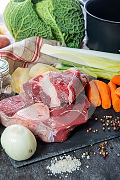 Meat and vegetables for preparation of french pot au feu