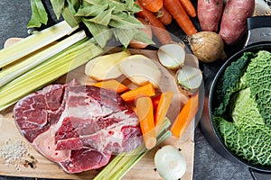 Meat and vegetables for preparation of french pot au feu