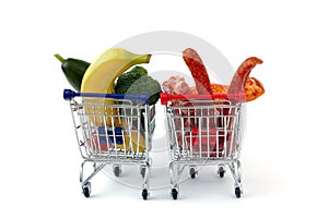 Meat and vegetables in two shopping carts, isolated on white