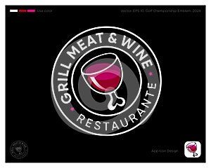 Meat and Wine logo. Grill restaurant. Wineglass with meat bone. Identity. App button.