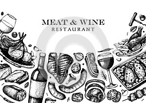 Meat and wine vector design. Hand drawn food and alcoholic drinks illustrations. Meat restaurant menu template in engraved style.