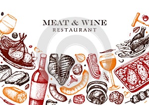 Meat and wine vector design. Hand drawn food and alcoholic drinks illustrations. Meat restaurant menu template in engraved style.