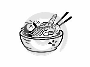 Meatball Noodle on bowl indonesian street food logo mascot illustration on outline style vector