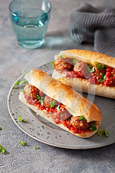 Meatball sub sandwich with cheese and marinara tomato sauce. american italian fast food