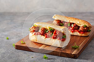 Meatball sub sandwich with cheese and marinara tomato sauce. american italian fast food