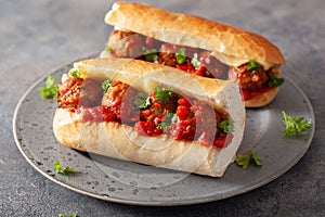 Meatball sub sandwich with cheese and marinara tomato sauce. american italian fast food