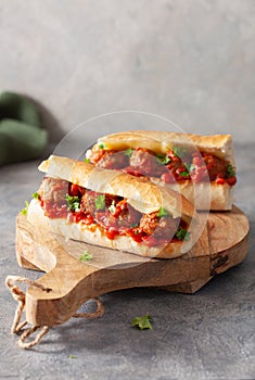 Meatball sub sandwich with cheese and marinara tomato sauce. american italian fast food